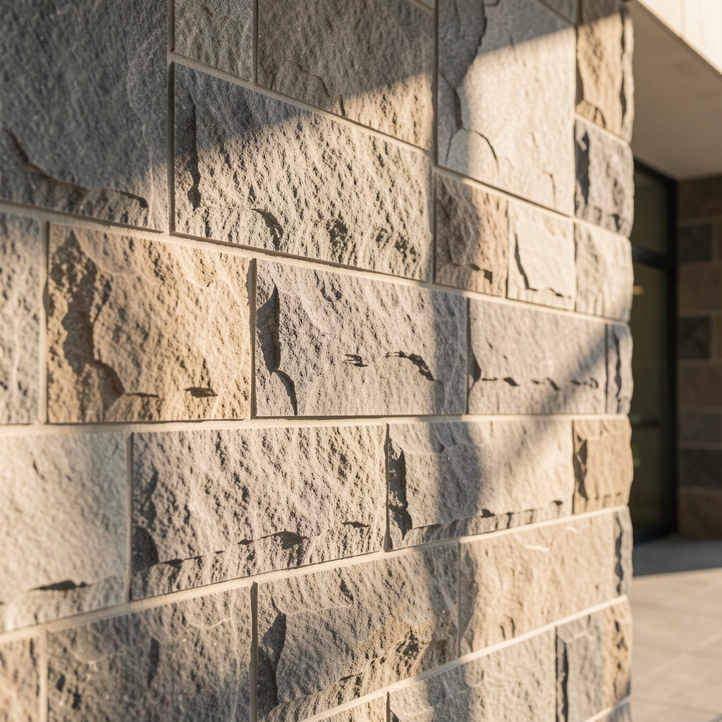 Detalle arquitectónico de pared de piedra natural con luz lateral que proyecta sombras profundas sobre la textura rugosa del material, tonos grises y beige cálidos, atmósfera institucional