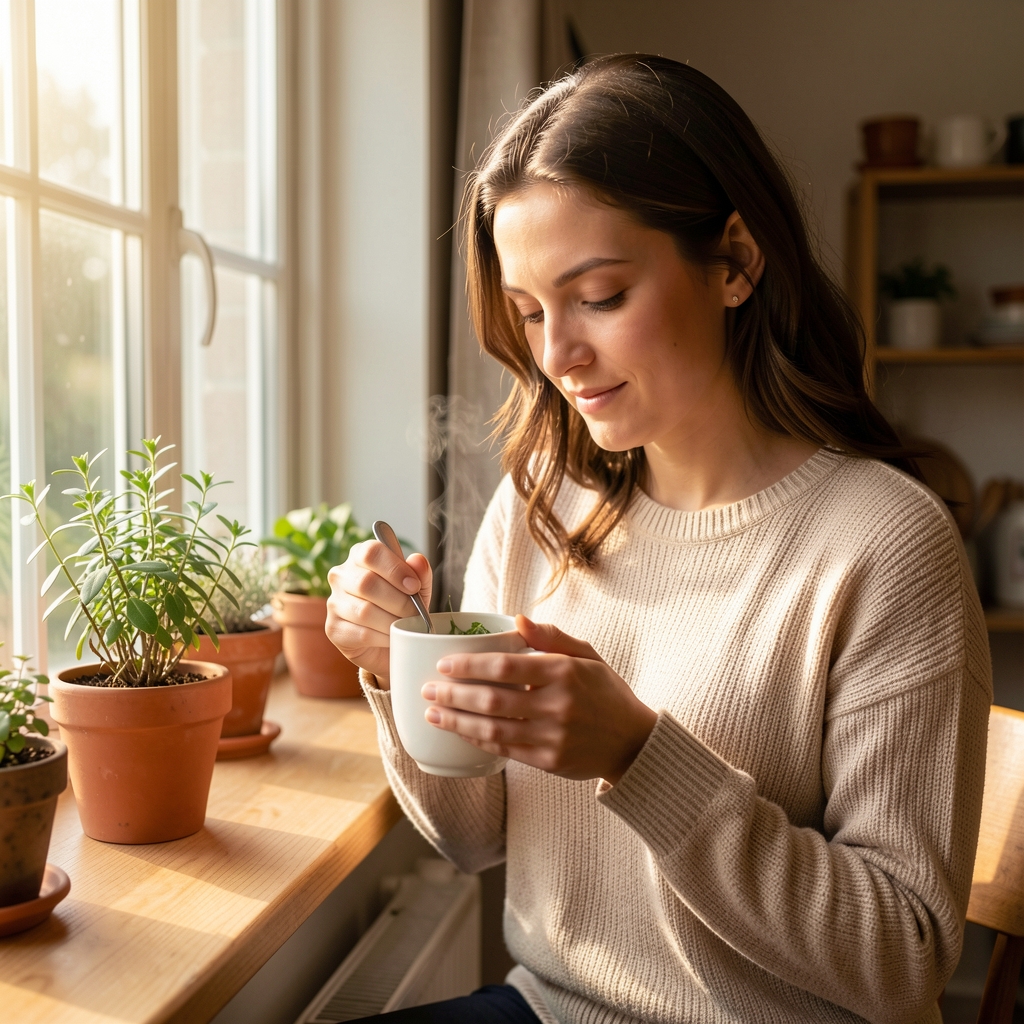 Mujer joven en ambiente doméstico tranquilo preparando una infusión herbal en taza de cerámica blanca junto a ventana con luz natural matutina, atmósfera serena y cálida