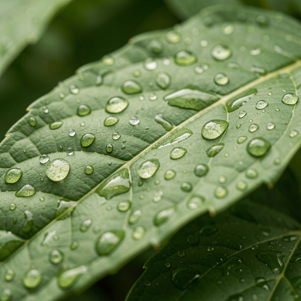 Fotografía macro de hojas verdes con gotas de agua sobre la superficie, luz natural suave difusa, textura detallada de la epidermis vegetal