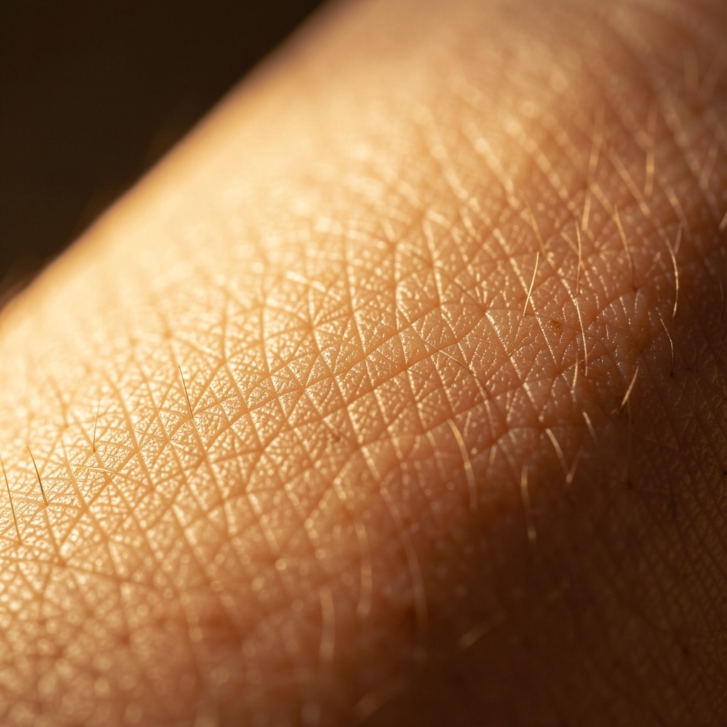 Fotografía macro editorial de piel con luz lateral rasante que revela la microestructura superficial y la textura natural del tejido dérmico, tonos cálidos dorados