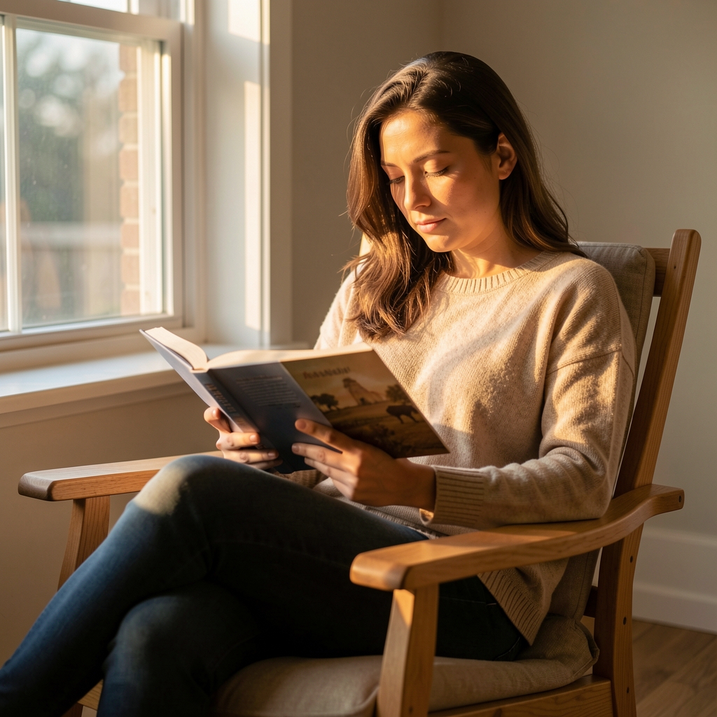 Persona adulta relajada leyendo un libro en un sillón de madera natural junto a una ventana con luz de tarde suave que entra lateralmente creando sombras largas y cálidas