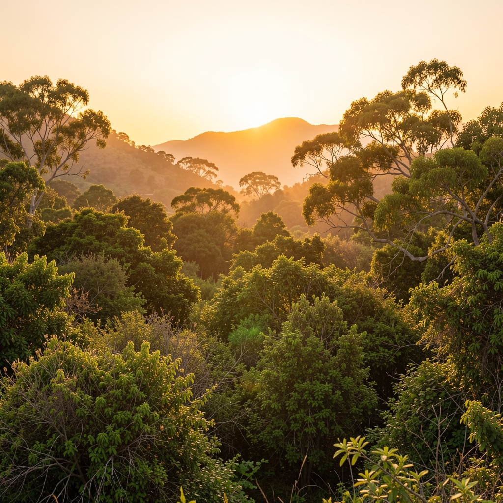 Paisaje natural mexicano con luz dorada de amanecer sobre vegetación densa y serena, atmósfera tranquila y contemplativa