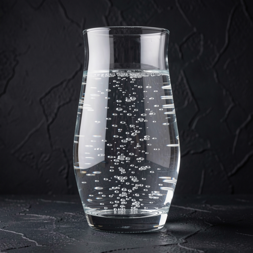 Vaso de vidrio transparente con agua pura y burbujas finas sobre fondo oscuro texturado, luz de estudio que crea destellos cristalinos en el líquido