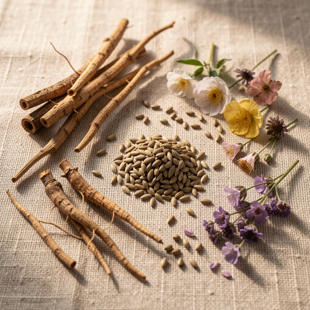 Selección de ingredientes botánicos naturales sobre superficie de lino beige: raíces, semillas y flores secas dispuestas con composición editorial cuidada y luz natural lateral