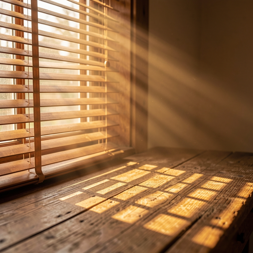 Rayos de sol atravesando una ventana con persianas de madera creando franjas de luz cálida dorada sobre una superficie de madera envejecida, atmósfera cálida y contemplativa