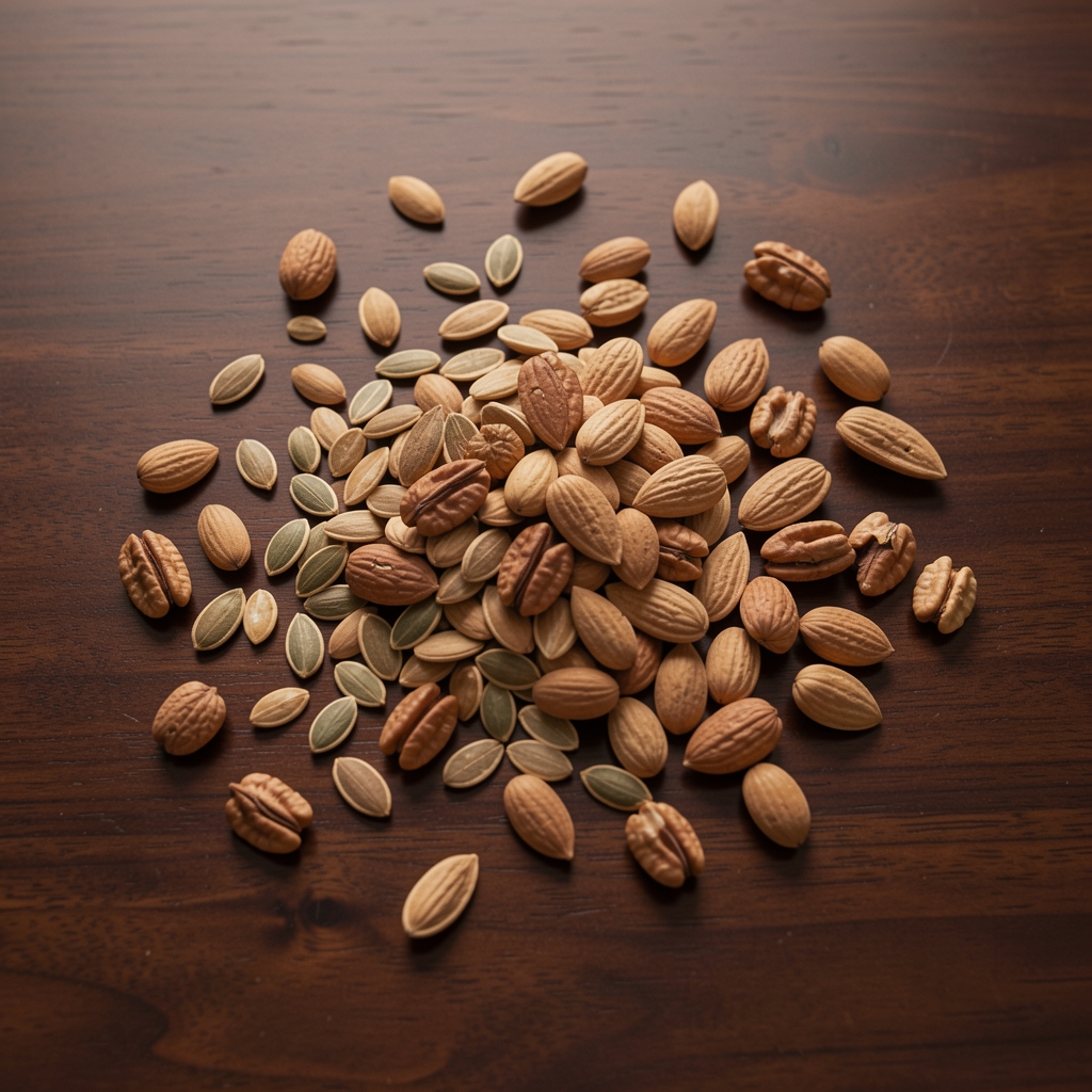 Semillas de calabaza y nueces sobre una superficie de madera oscura pulida, composición editorial ordenada con luz suave cenital, tonos terrosos y naturales