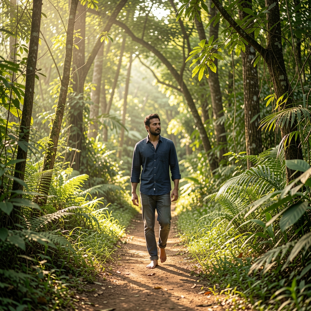 Persona caminando descalza por un sendero de tierra rodeado de vegetación verde exuberante, luz de mañana entre los árboles, atmósfera tranquila y silenciosa