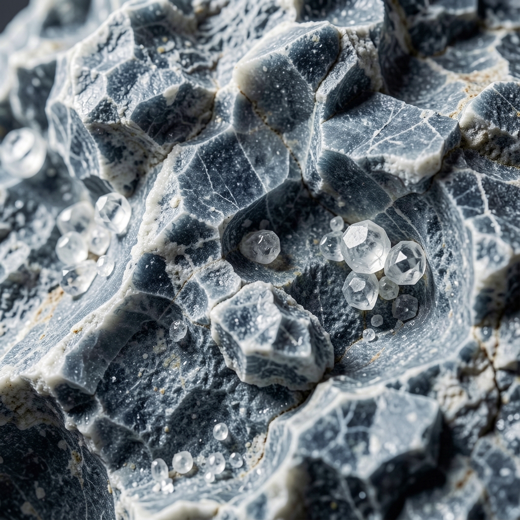 Superficie de roca mineral con cristales naturales visibles bajo luz incidente, tonos grises azulados y blancos, textura geológica abstracta de gran detalle