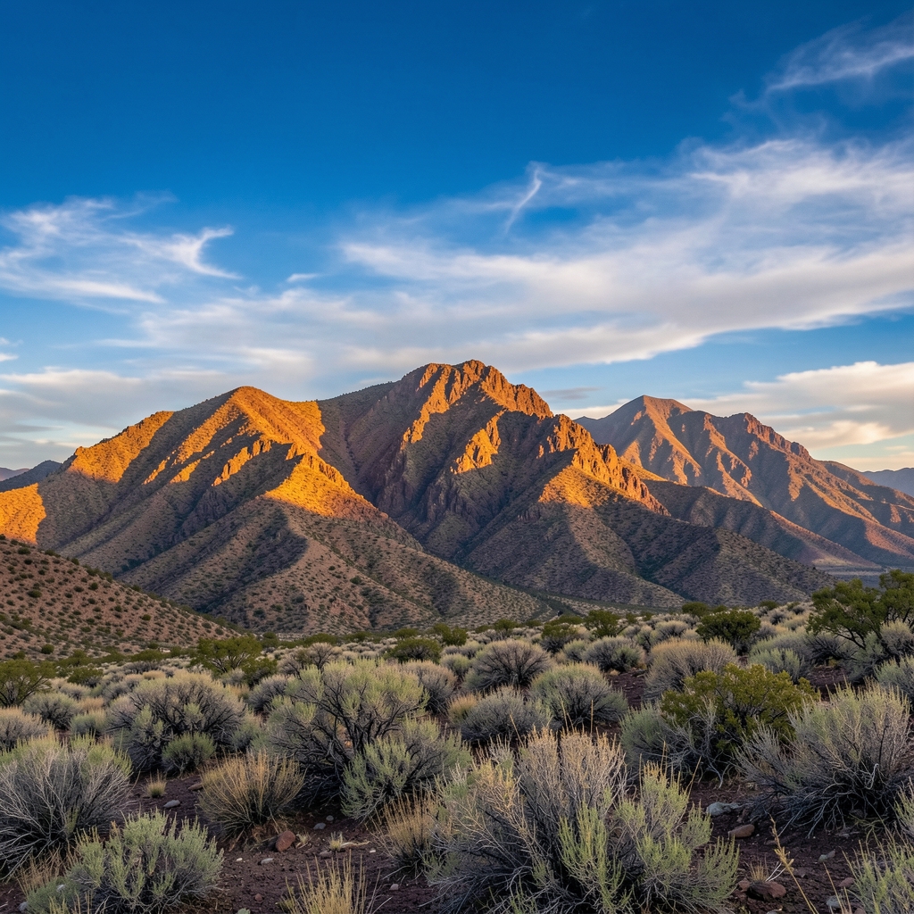 Paisaje montañoso mexicano al amanecer con luz dorada que ilumina crestas de roca volcánica, vegetación xericca en primer plano y cielo azul profundo con nubes suaves