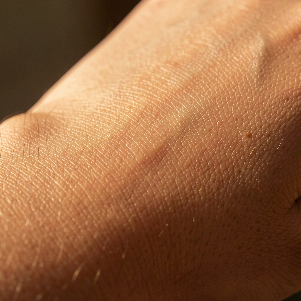 Primer plano de piel humana hidratada con luz lateral cálida que resalta la textura suave y la elasticidad natural del tejido dérmico