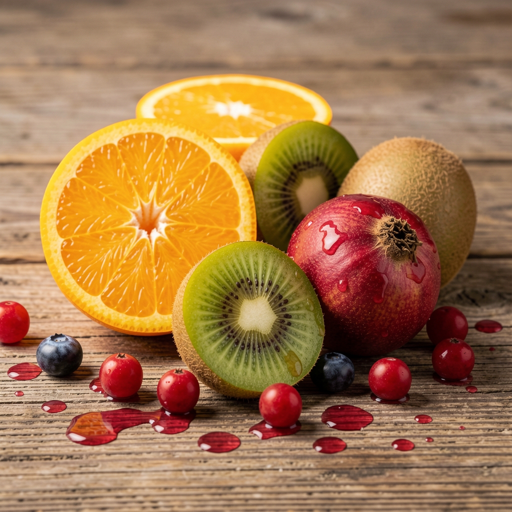 Frutas frescas de colores vivos sobre fondo de madera rústica: naranja partida, kiwi, granada y bayas rojas con agua dispersa, fotografía editorial con luz natural